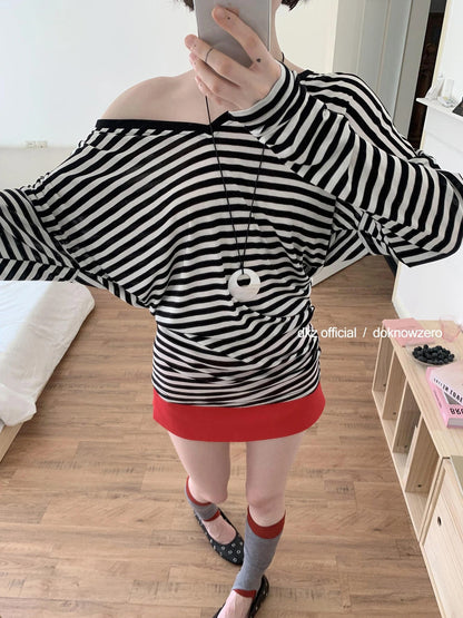 DKZ OFFICIAL V-Neck Color Block Striped Batwing Sleeve Tunic Top