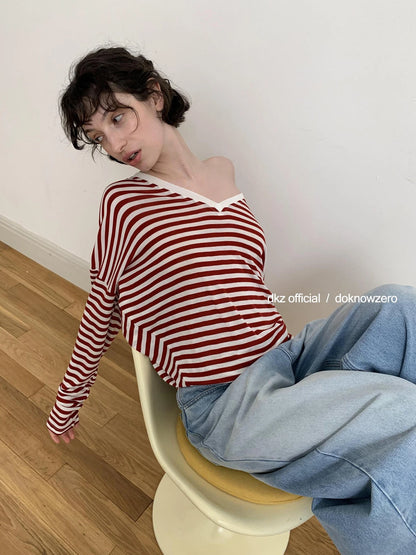 DKZ OFFICIAL V-Neck Color Block Striped Batwing Sleeve Tunic Top