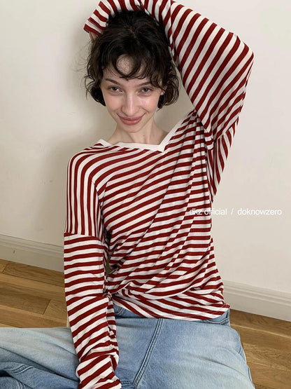DKZ OFFICIAL V-Neck Color Block Striped Batwing Sleeve Tunic Top