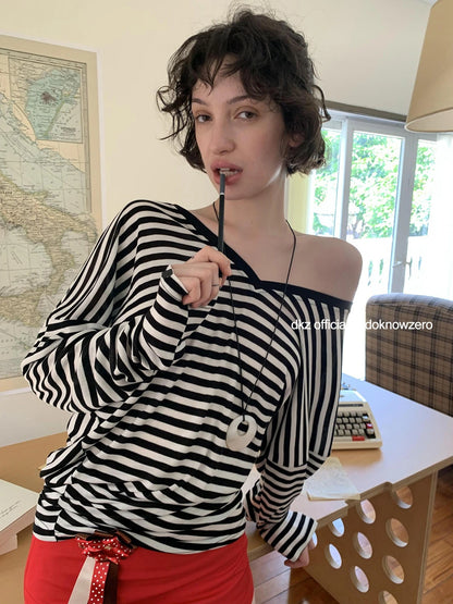 DKZ OFFICIAL V-Neck Color Block Striped Batwing Sleeve Tunic Top