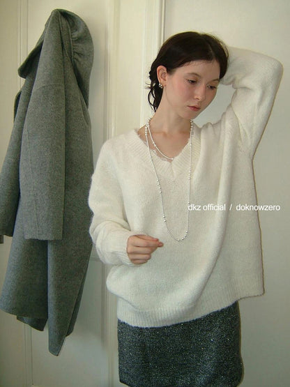 DKZ OFFICIAL V-Neck Lace Trim Knit Sweater Women&