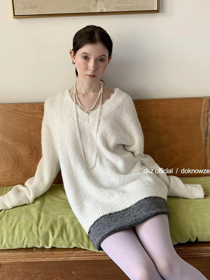 DKZ OFFICIAL V-Neck Lace Trim Knit Sweater Women&