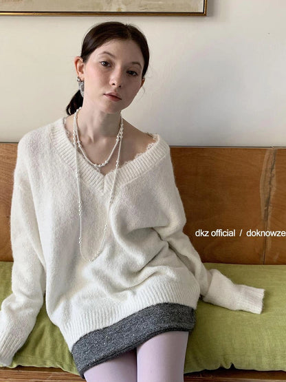 DKZ OFFICIAL V-Neck Lace Trim Knit Sweater Women&