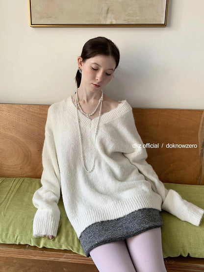 DKZ OFFICIAL V-Neck Lace Trim Knit Sweater Women&