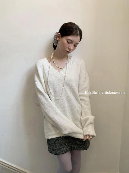 DKZ OFFICIAL V-Neck Lace Trim Knit Sweater Women&