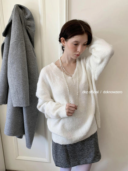 DKZ OFFICIAL V-Neck Lace Trim Knit Sweater Women&