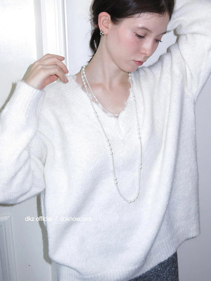 DKZ OFFICIAL V-Neck Lace Trim Knit Sweater Women&