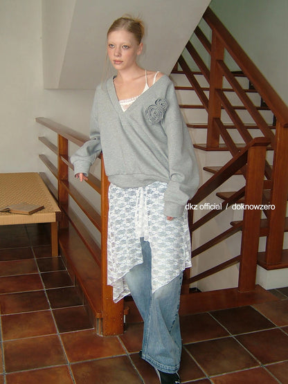 DKZ OFFICIAL V-Neck Loose Sweater With Lace Tiered Skirt Set