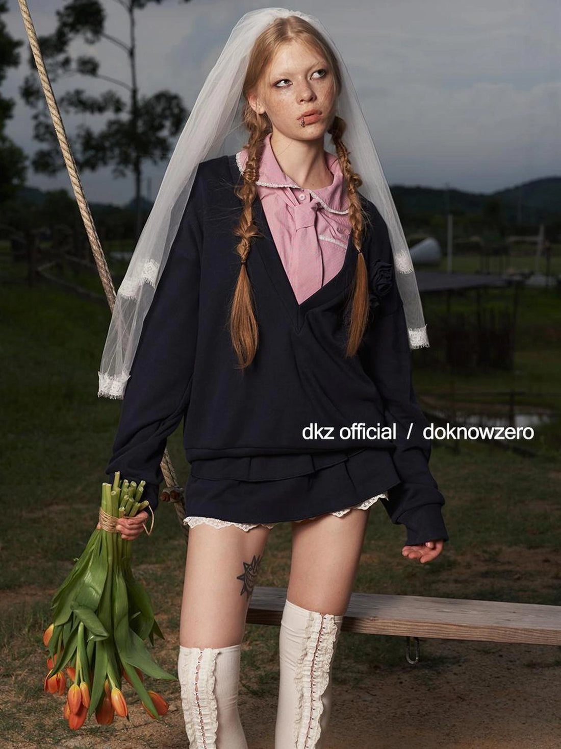 DKZ OFFICIAL V-Neck Loose Sweater With Lace Tiered Skirt Set