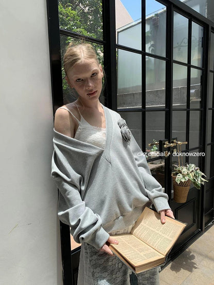 DKZ OFFICIAL V-Neck Loose Sweater With Lace Tiered Skirt Set