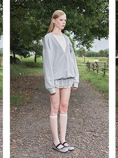 DKZ OFFICIAL V-Neck Loose Sweater With Lace Tiered Skirt Set