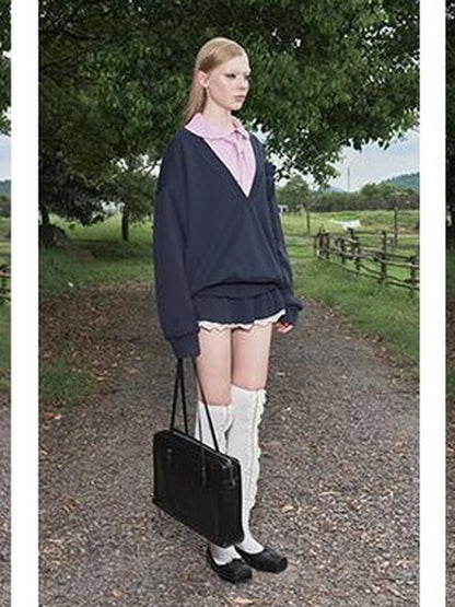 DKZ OFFICIAL V-Neck Loose Sweater With Lace Tiered Skirt Set