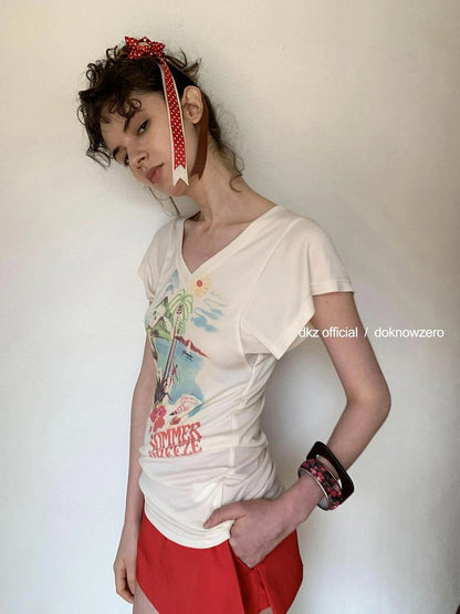 DKZ OFFICIAL V-Neck Lyocell T-Shirt With Retro Hawaiian Print