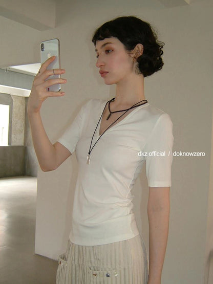 DKZ OFFICIAL V-Neck Solid Basic Mid-Sleeve T-Shirt For Women