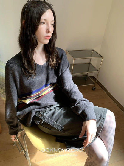 DKZ OFFICIAL V-Neck Sweater With Color Block Stripes