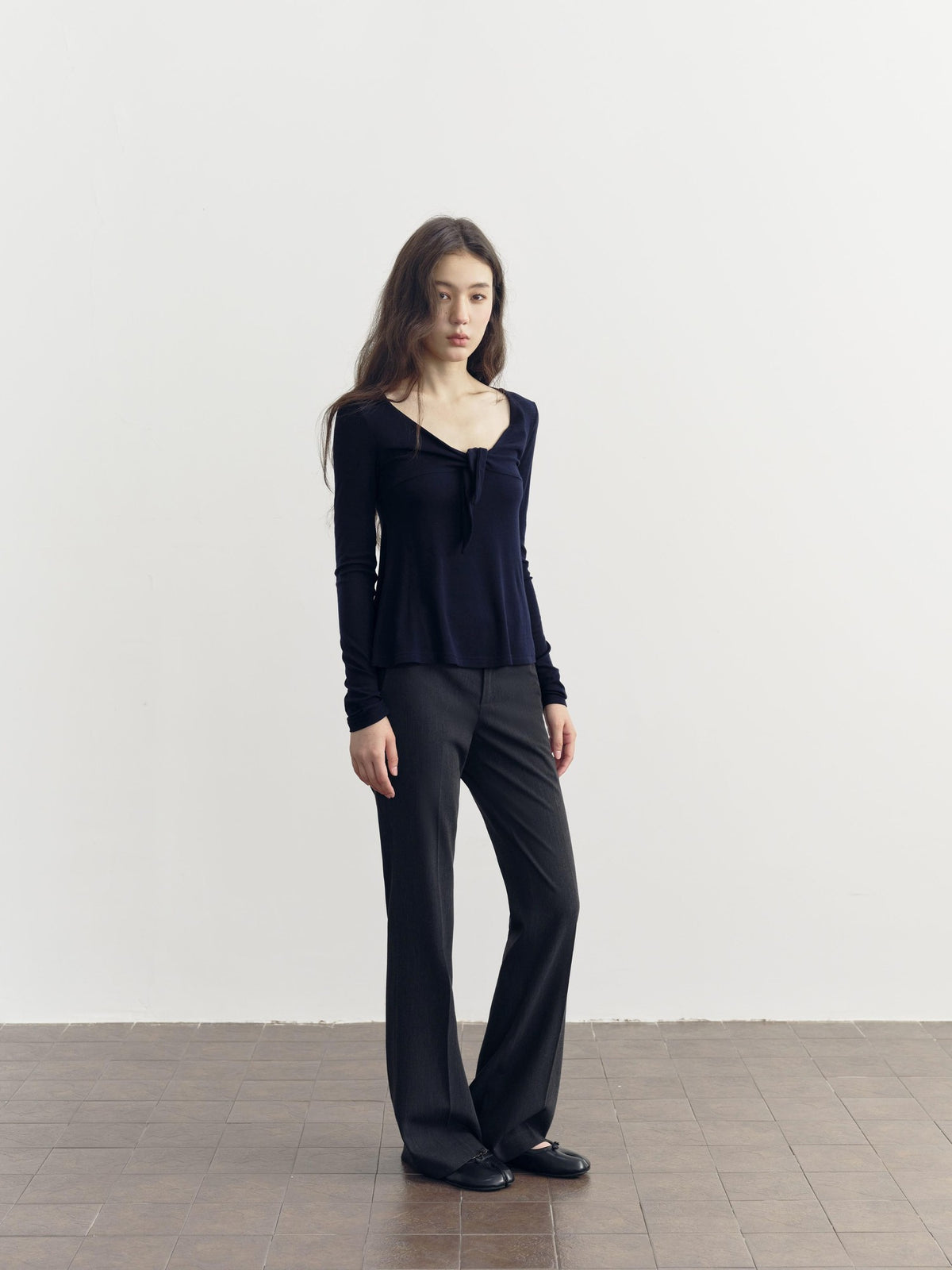 DKZ OFFICIAL V-neck Knotted A Line Slim Fit Wool Blend Women&