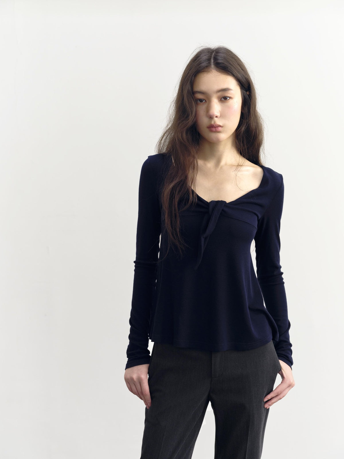 DKZ OFFICIAL V-neck Knotted A Line Slim Fit Wool Blend Women&