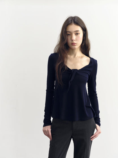 DKZ OFFICIAL V-neck Knotted A Line Slim Fit Wool Blend Women&