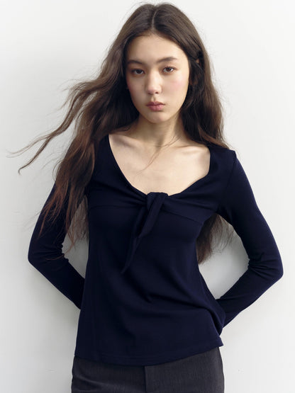 DKZ OFFICIAL V-neck Knotted A Line Slim Fit Wool Blend Women&