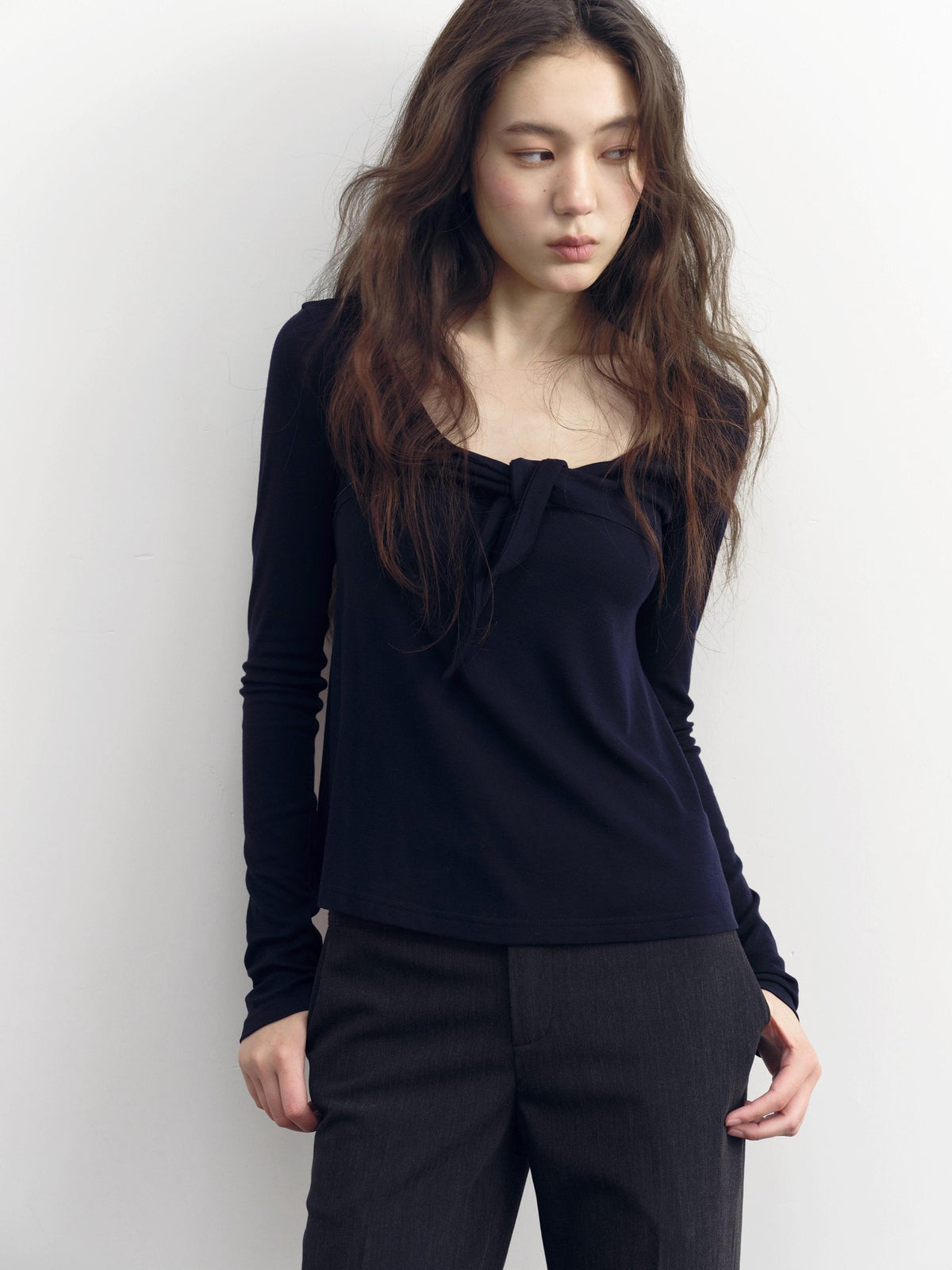 DKZ OFFICIAL V-neck Knotted A Line Slim Fit Wool Blend Women&