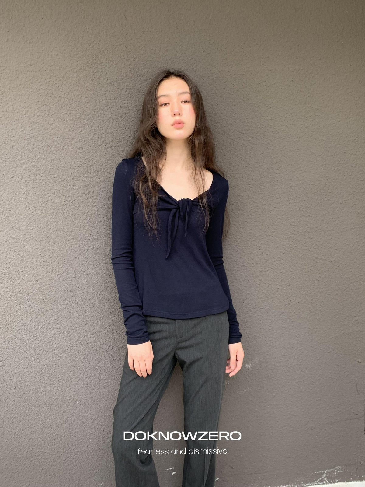 DKZ OFFICIAL V-neck Knotted A Line Slim Fit Wool Blend Women&