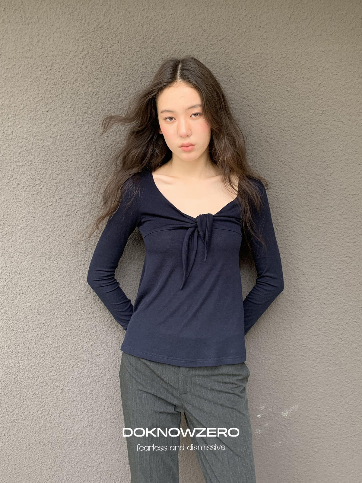 DKZ OFFICIAL V-neck Knotted A Line Slim Fit Wool Blend Women&