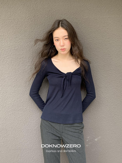 DKZ OFFICIAL V-neck Knotted A Line Slim Fit Wool Blend Women&