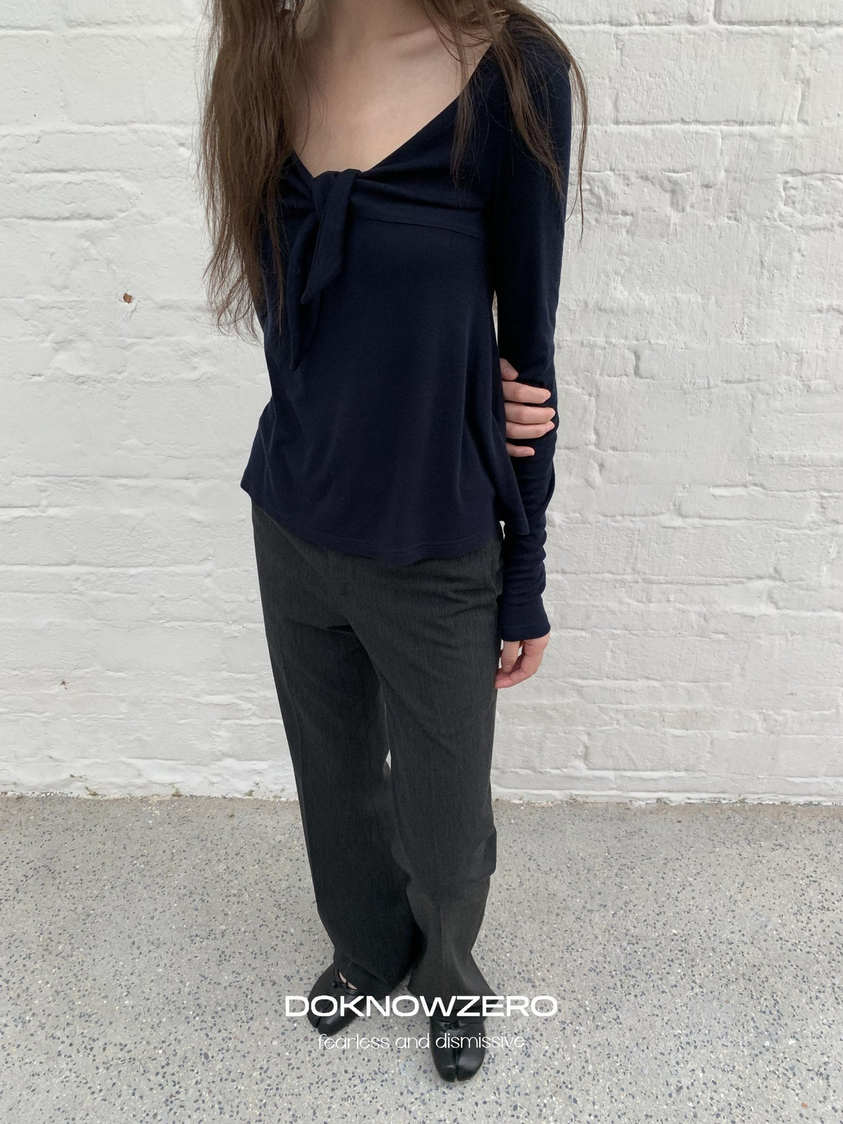 DKZ OFFICIAL V-neck Knotted A Line Slim Fit Wool Blend Women&