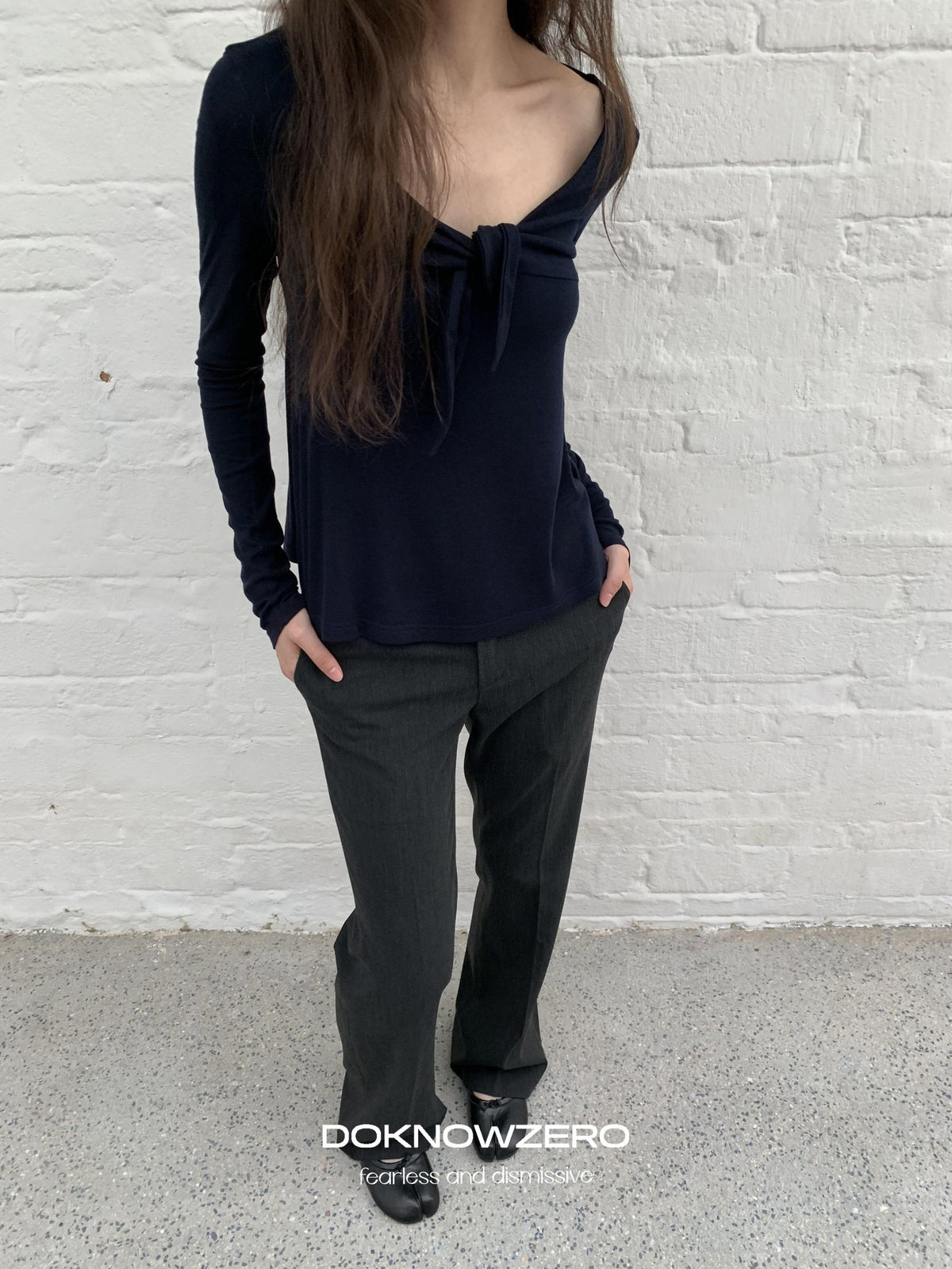 DKZ OFFICIAL V-neck Knotted A Line Slim Fit Wool Blend Women&