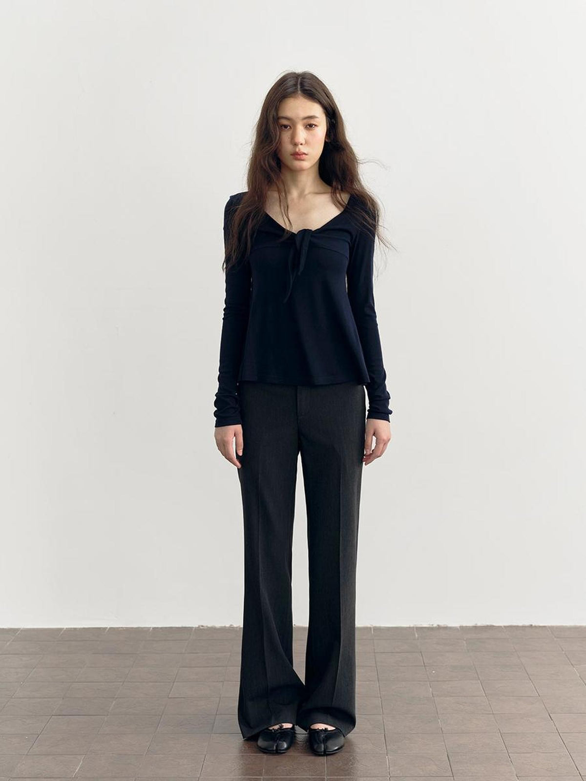 DKZ OFFICIAL V-neck Knotted A Line Slim Fit Wool Blend Women&