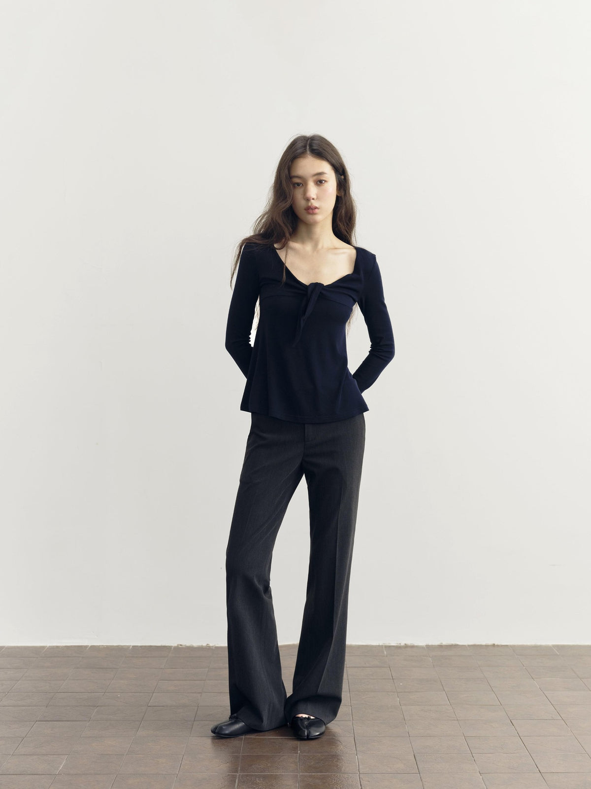 DKZ OFFICIAL V-neck Knotted A Line Slim Fit Wool Blend Women&