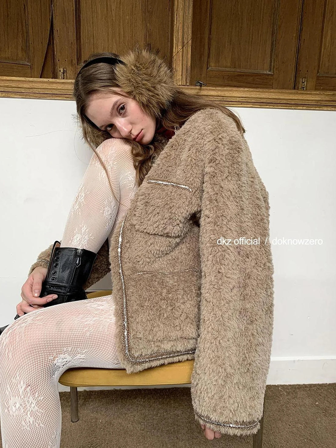 DKZ OFFICIAL Vintage Beige Faux Shearling Round Neck Blouse With Sequins