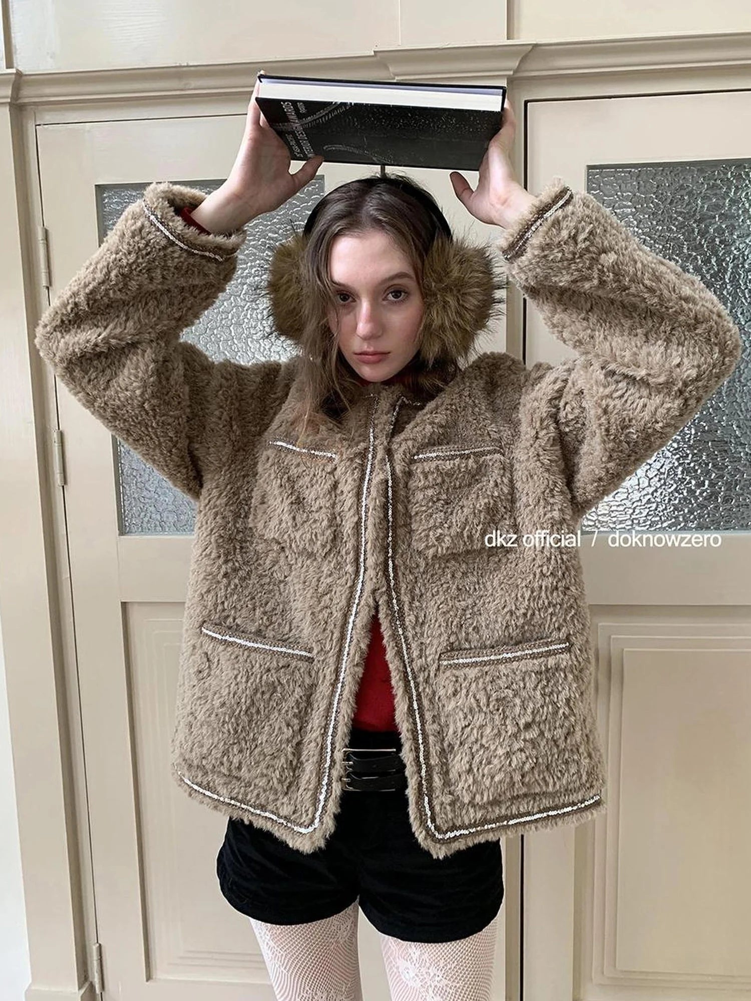 DKZ OFFICIAL Vintage Beige Faux Shearling Round Neck Blouse With Sequins