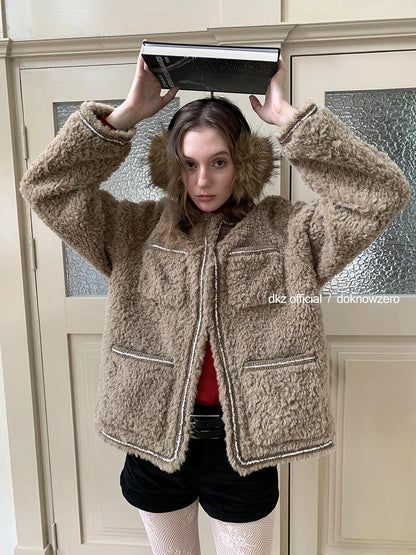 DKZ OFFICIAL Vintage Beige Faux Shearling Round Neck Blouse With Sequins