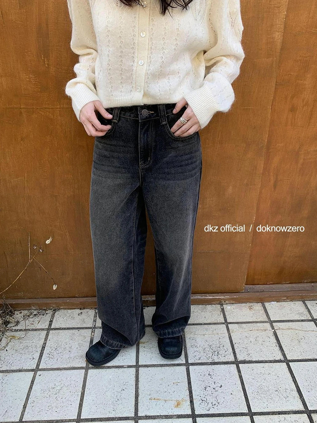 DKZ OFFICIAL Vintage Black Washed Flared Fleece Lined Jeans