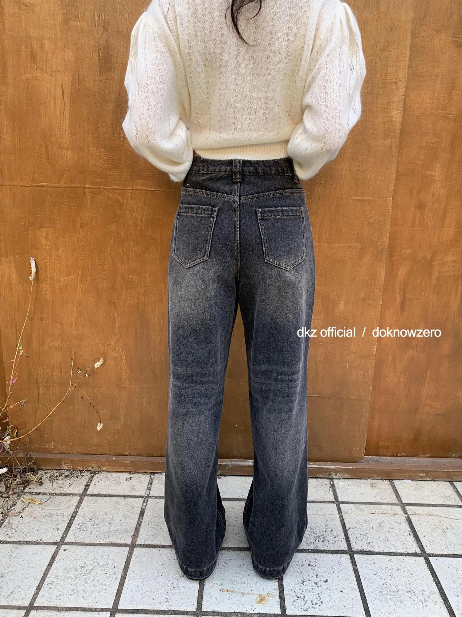 DKZ OFFICIAL Vintage Black Washed Flared Fleece Lined Jeans