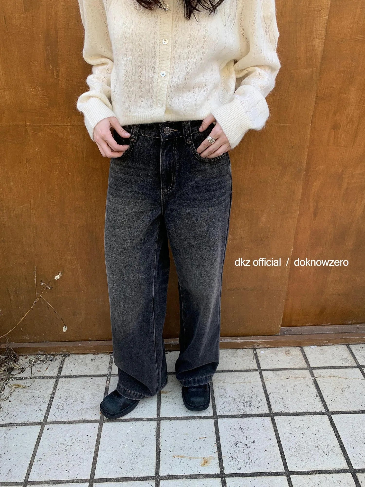 DKZ OFFICIAL Vintage Black Washed Flared Fleece Lined Jeans
