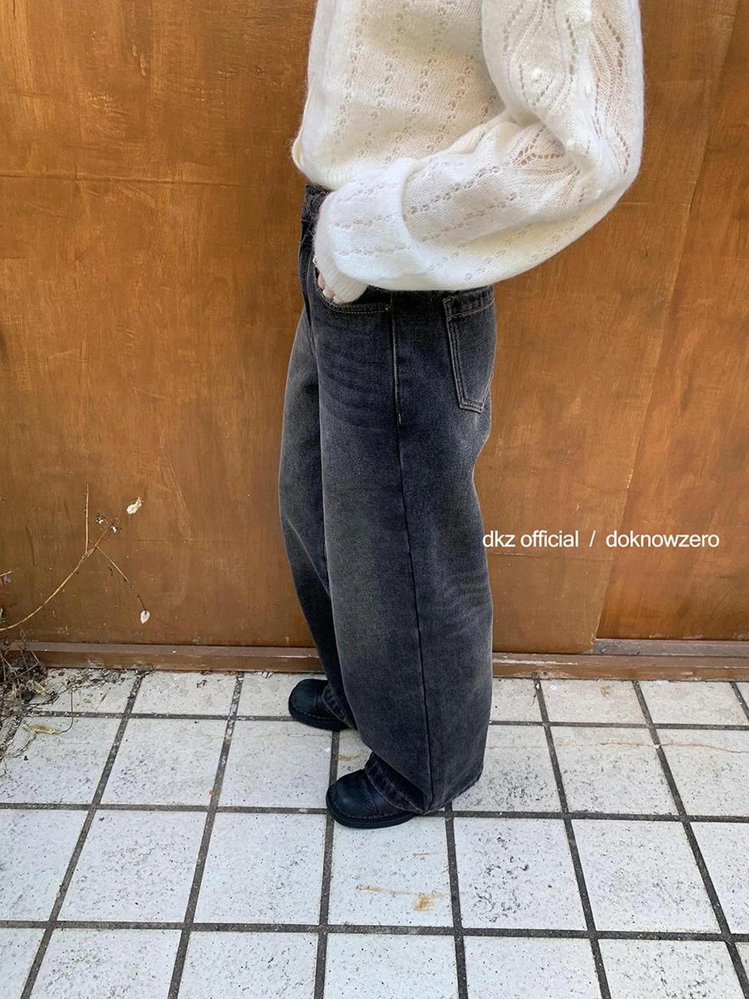 DKZ OFFICIAL Vintage Black Washed Flared Fleece Lined Jeans