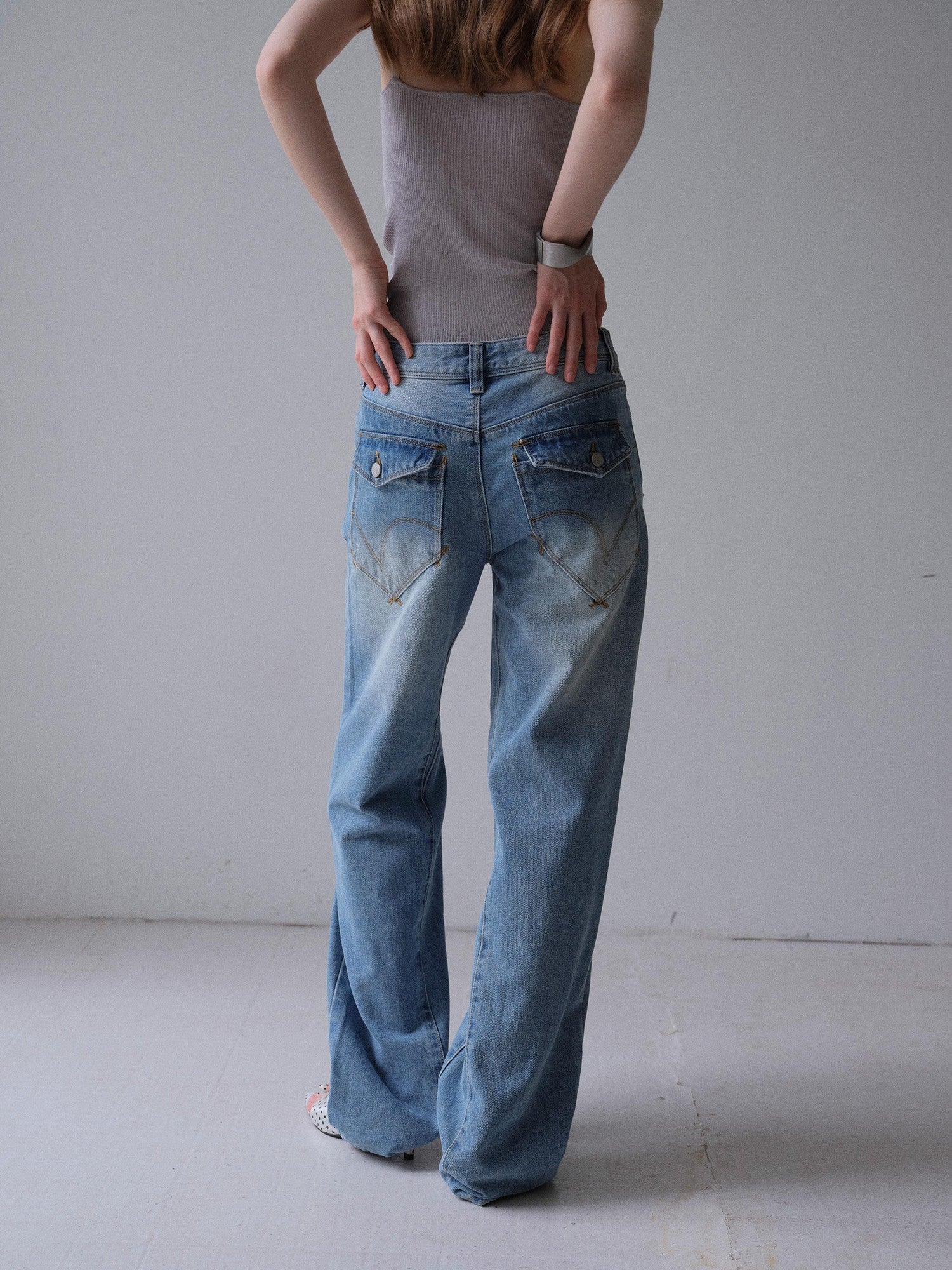 DKZ OFFICIAL Vintage Blue Button Fly Pockets Natural Waist Women&