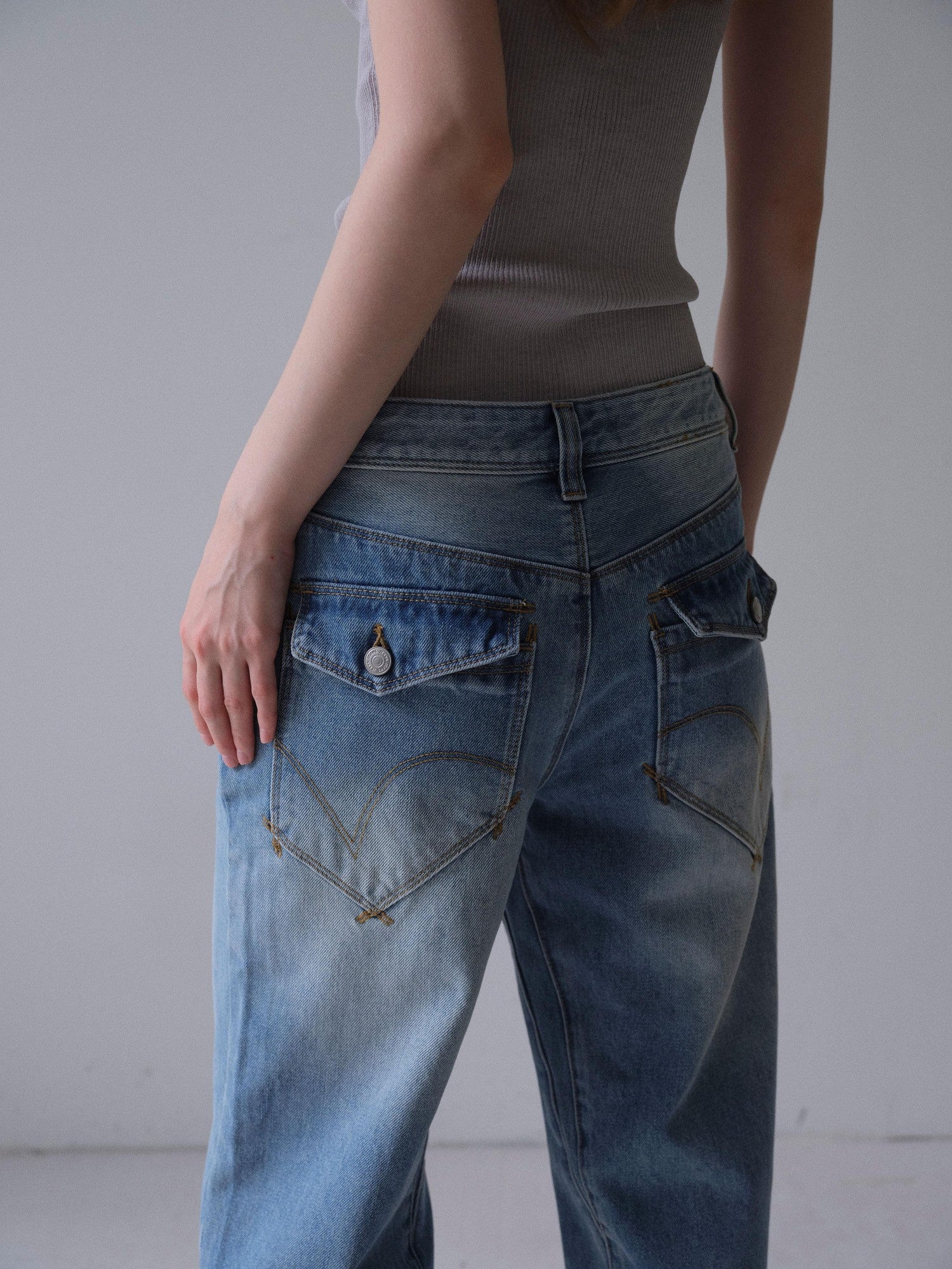 DKZ OFFICIAL Vintage Blue Button Fly Pockets Natural Waist Women&