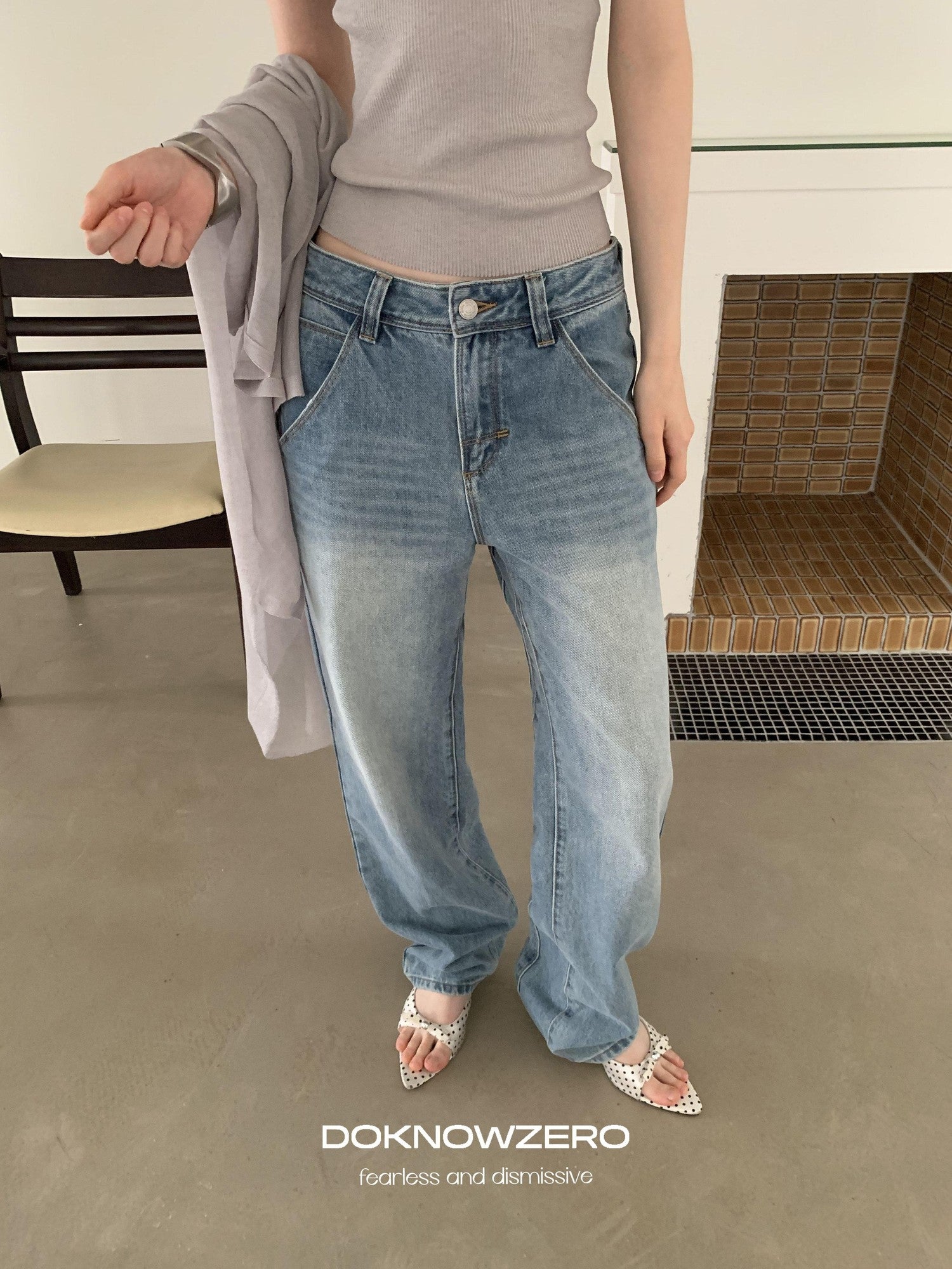 DKZ OFFICIAL Vintage Blue Button Fly Pockets Natural Waist Women&