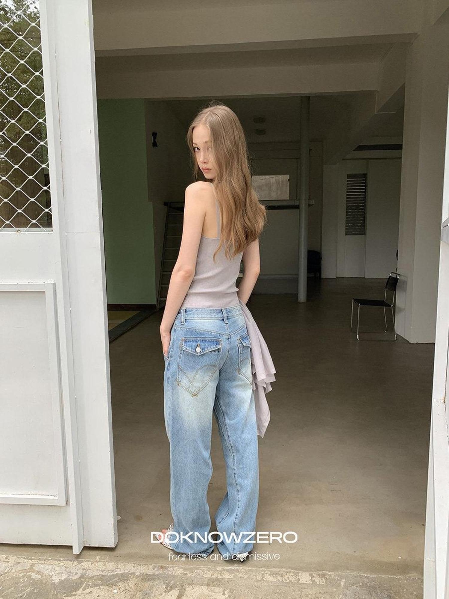 DKZ OFFICIAL Vintage Blue Button Fly Pockets Natural Waist Women&