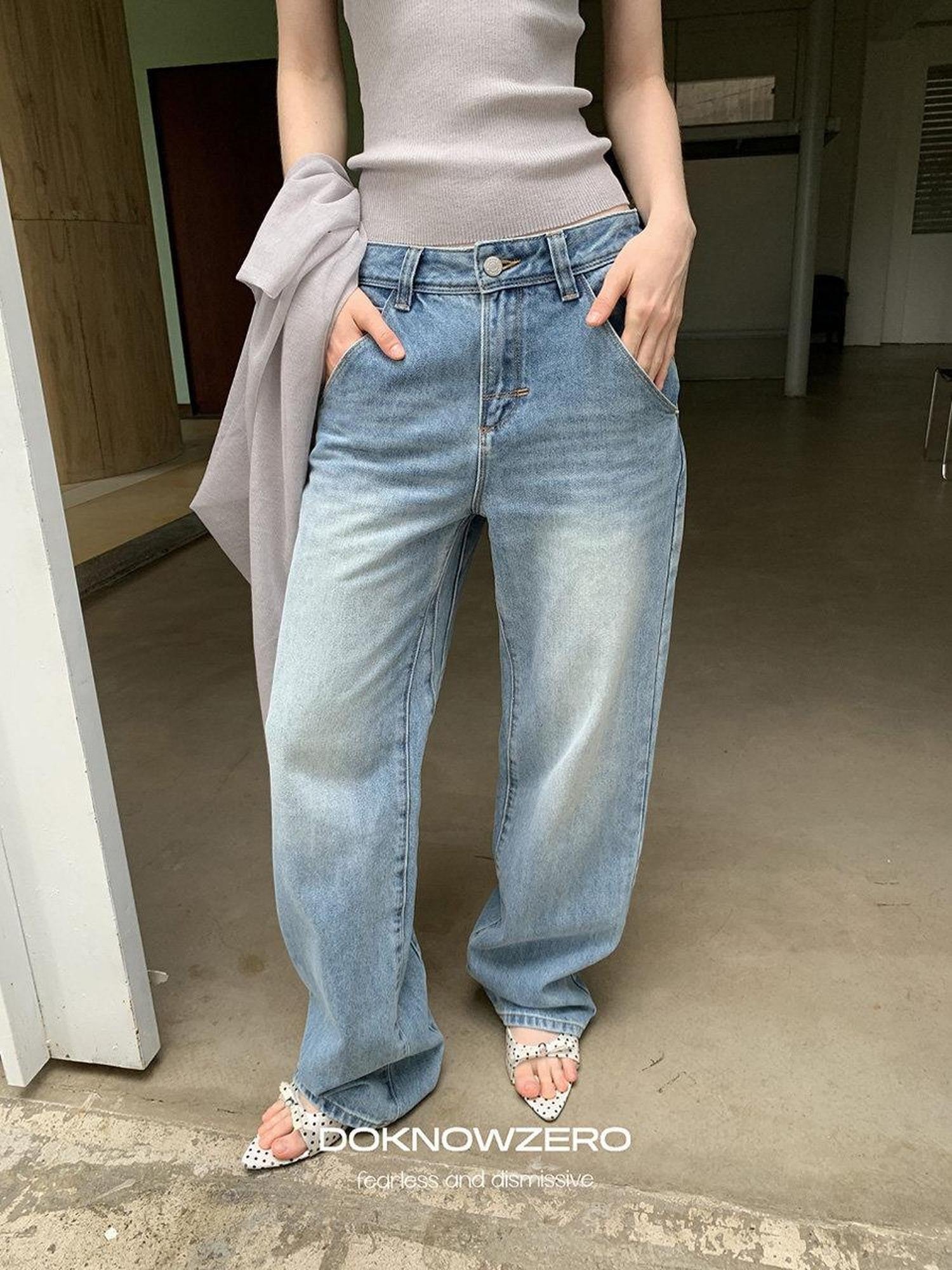 DKZ OFFICIAL Vintage Blue Button Fly Pockets Natural Waist Women&
