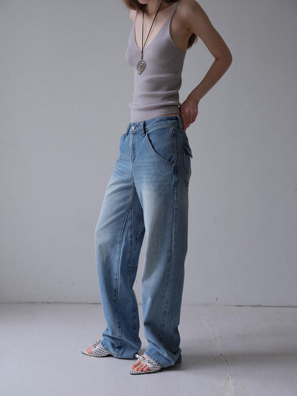 DKZ OFFICIAL Vintage Blue Button Fly Pockets Natural Waist Women&