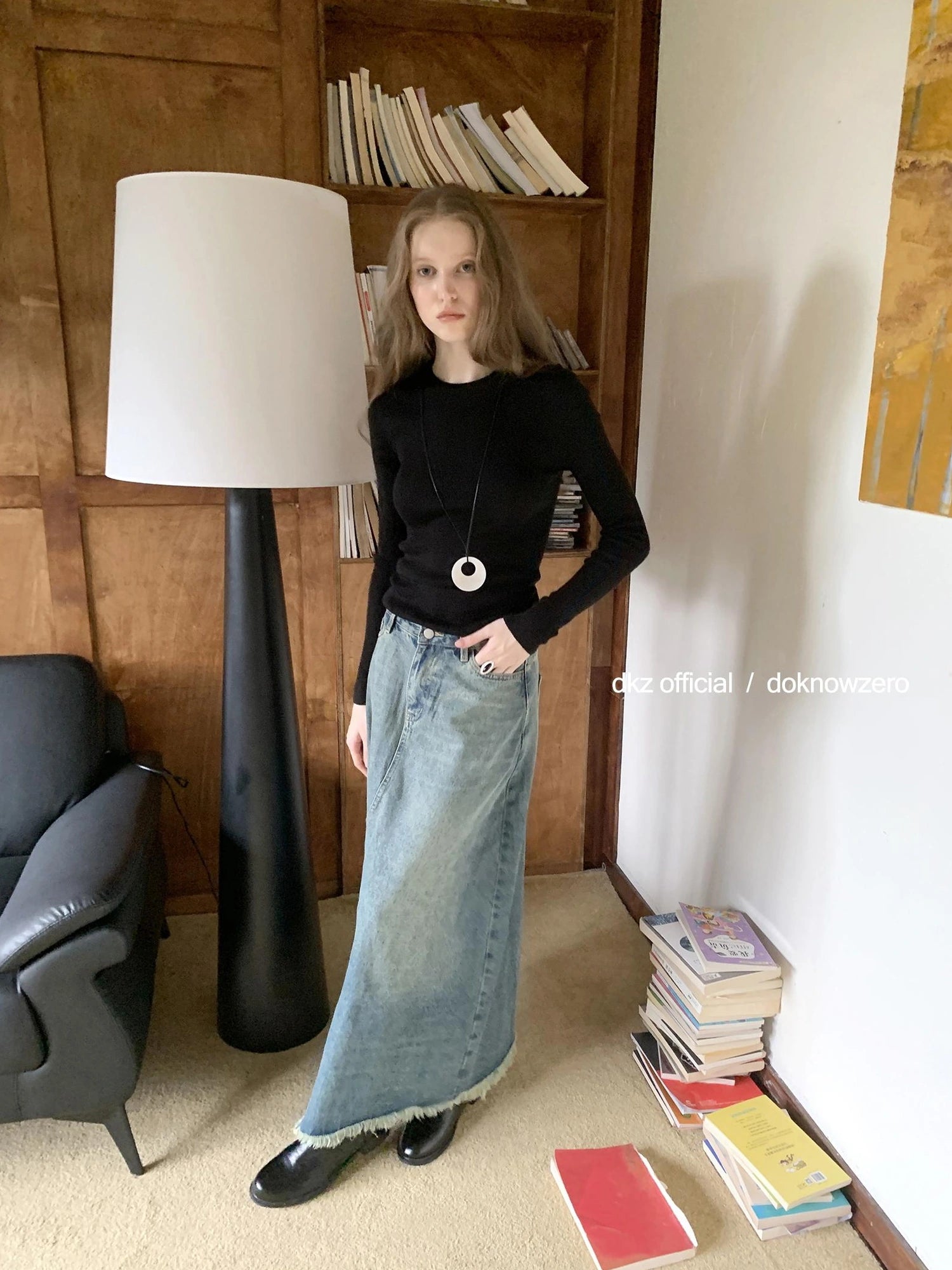 DKZ OFFICIAL Vintage Blue Denim A Line Midi Skirt