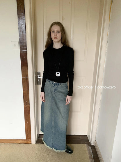 DKZ OFFICIAL Vintage Blue Denim A Line Midi Skirt