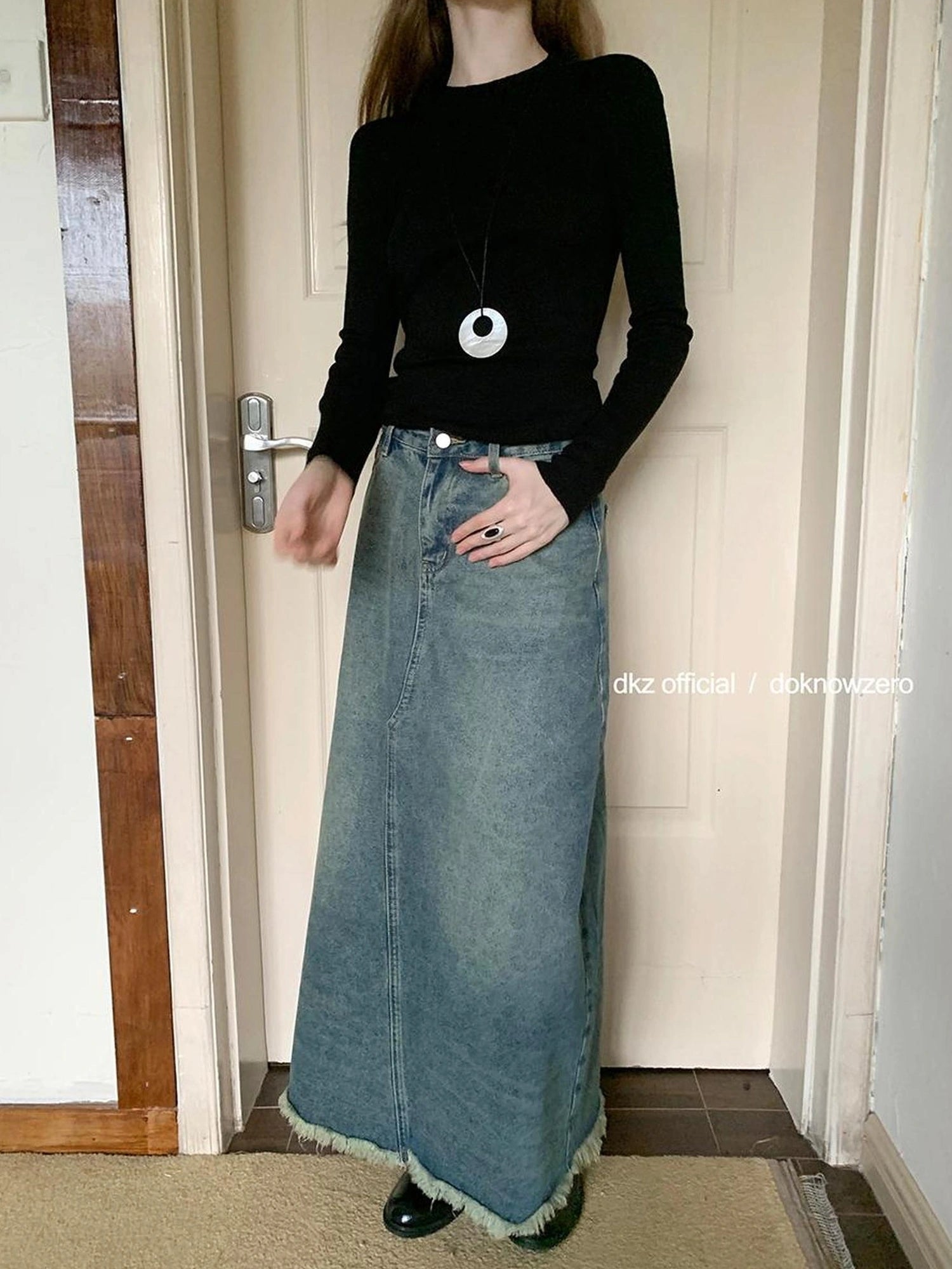DKZ OFFICIAL Vintage Blue Denim A Line Midi Skirt