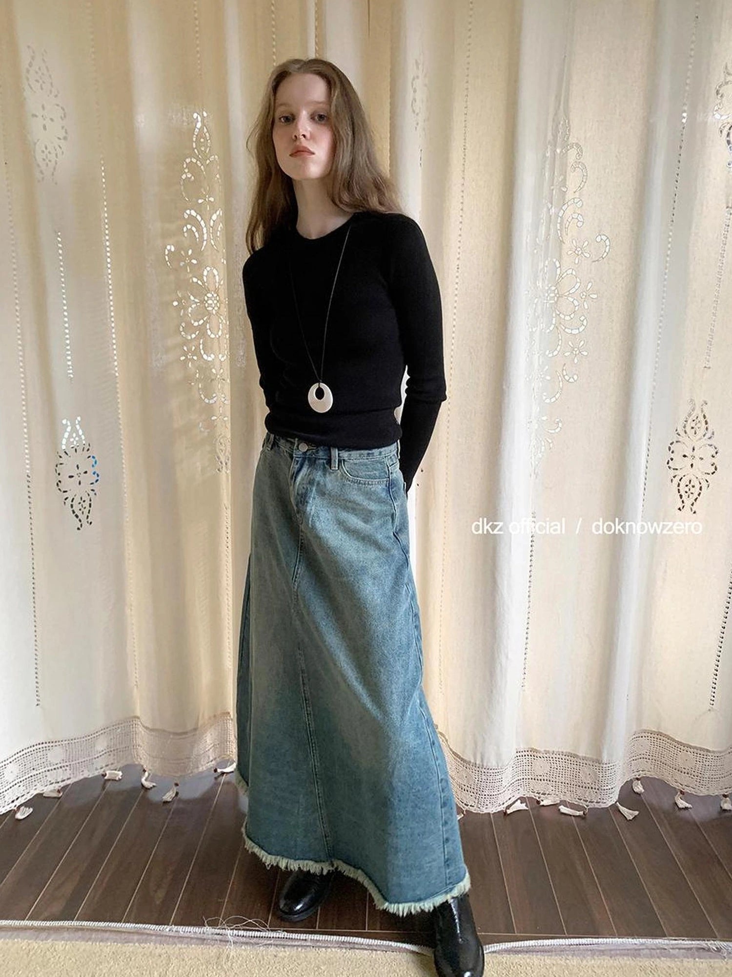 DKZ OFFICIAL Vintage Blue Denim A Line Midi Skirt