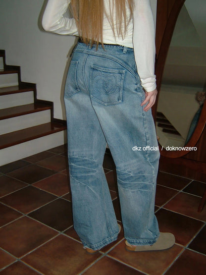 DKZ OFFICIAL Vintage Blue Washed Wide Leg Curved Hem Jeans