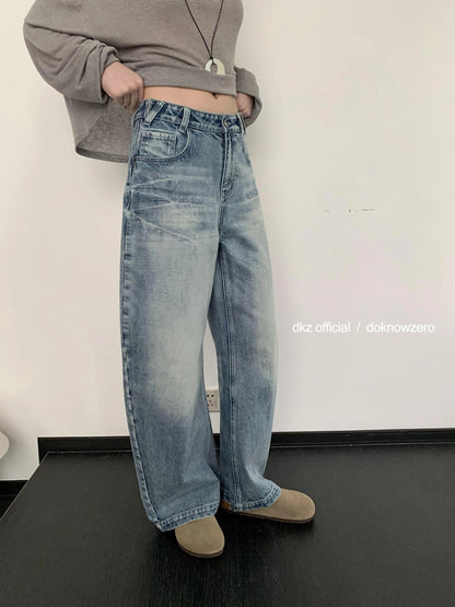 DKZ OFFICIAL Vintage Blue Washed Wide Leg Curved Hem Jeans